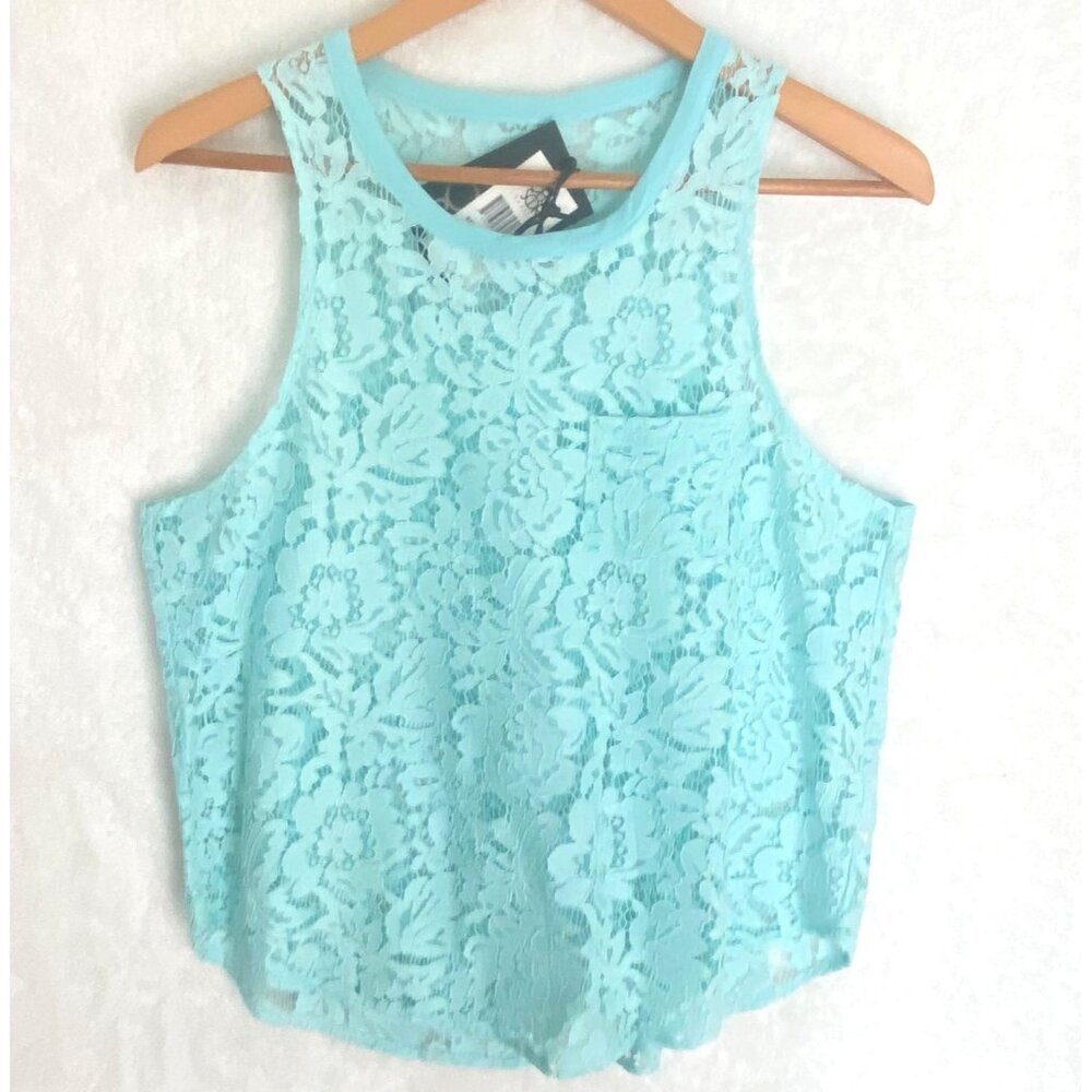 size M aqua blue lace tank top CHASOR $69 new/nwt turquoise see through loose fi